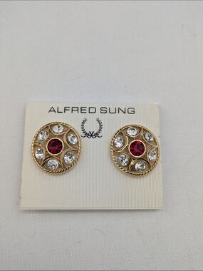 Alfred Sung Gold-Plated Earrings with Red and Clear Stones